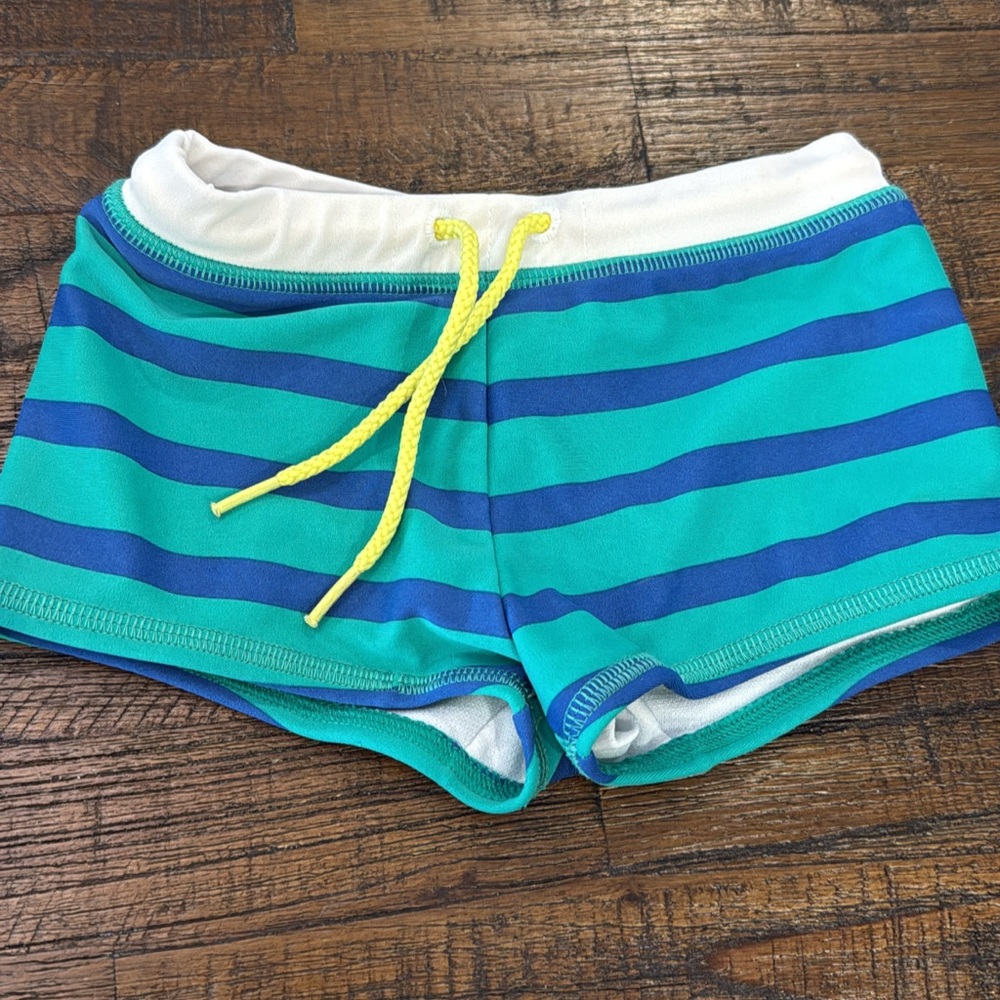 Mini Boden Teal and Blue Striped Swim Shorts with Yellow Drawstring
